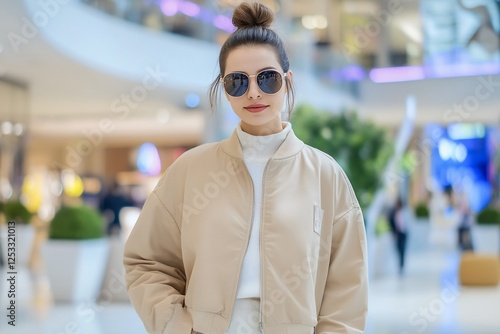 Woman in beige jacket, sunglasses, shopping mall photo