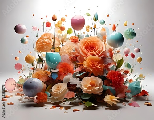 A vibrant arrangement of flowers and floating spheres creates a whimsical display. photo