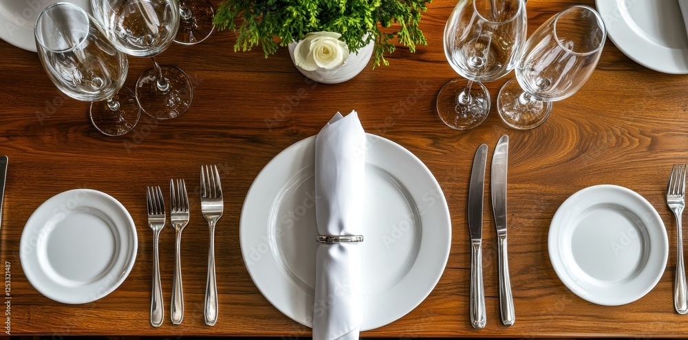 Elegant dining table setting with polished silverware and glassware Elegant dining table setting with polished silverware and glassware