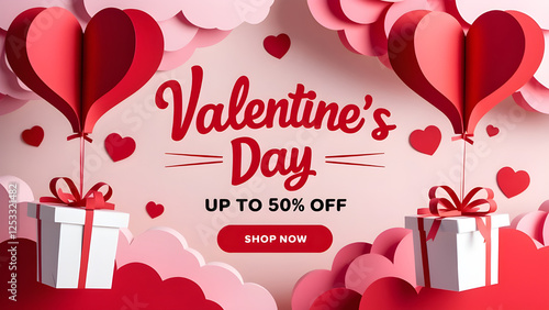Gift boxes with paper art style heart balloon floating in the sky, Happy Valentine's Day banners.