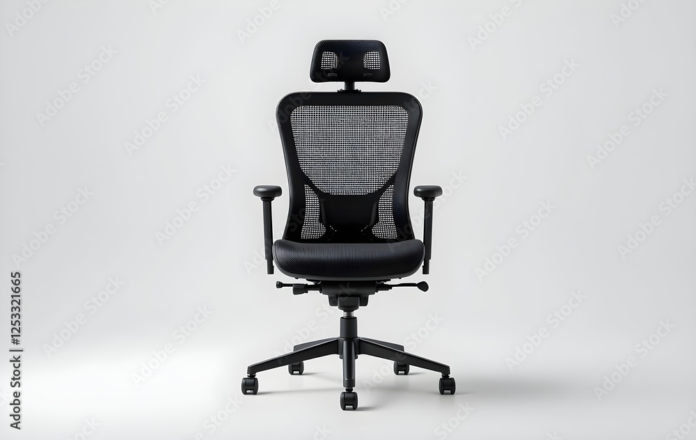 Fototapeta premium Ergonomic black office chair on white background, front view of black office hair on white background for good posture 