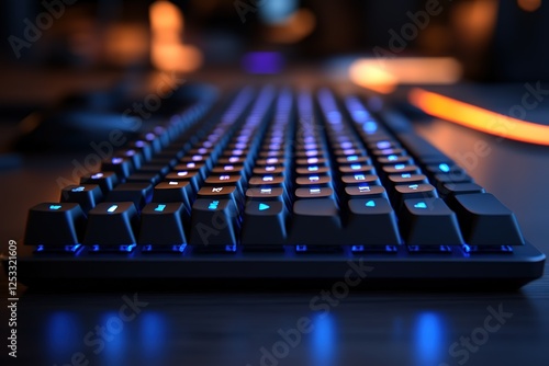 Illuminated keyboard with vibrant blue backlight shining in the darkness Computer gear shown in a close-up shot photo