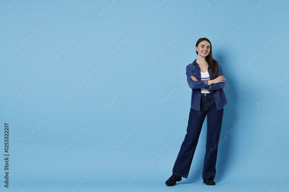 Smiling woman in stylish jeans on light blue background. Space for text Smiling woman in stylish jeans on light blue background. Space for text