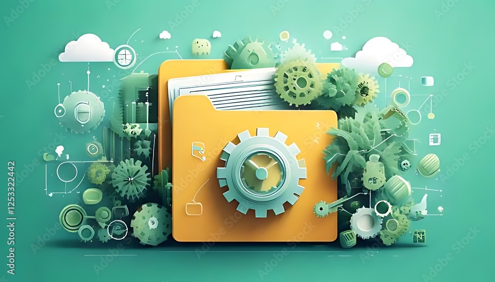 Obraz premium Depicts data organization as folder automated with clock gear, and cloud connection icons.