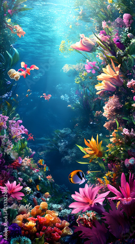 Enchanting Underwater Garden with Exotic Flowers and Creatures for Phone Wallpaper