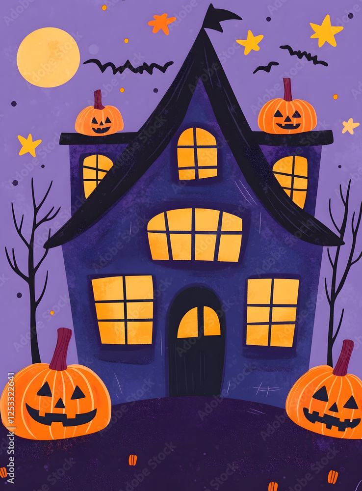 Fototapeta premium Whimsical Haunted House with Pumpkins and Stars on Purple Background