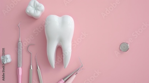 Dental instruments arranged on a pink backdrop, emphasizing the importance of oral health and preventative dental care