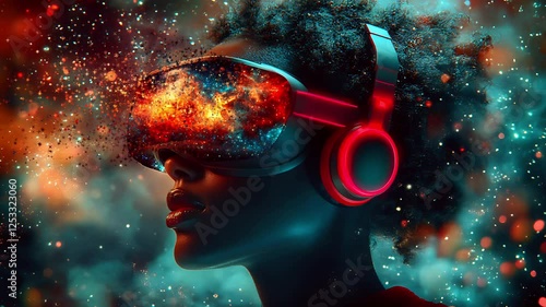 Futuristic woman wearing a glowing VR headset with cosmic explosion visuals and vibrant energy. Seamless looping time-lapse animation video background  
