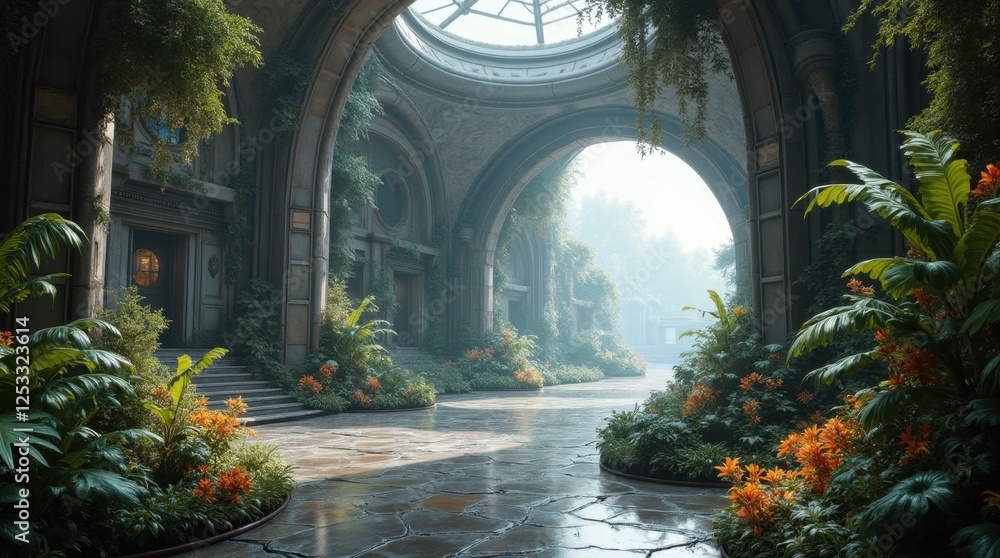 Fototapeta premium Futuristic Space Station Garden with Alien Flora
