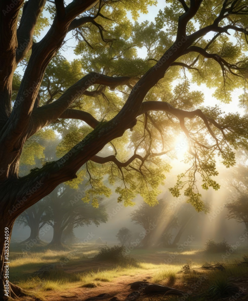 Fototapeta premium Morning sunlight illuminating oak tree branches and leaves, lush, nature photography, backlit foliage