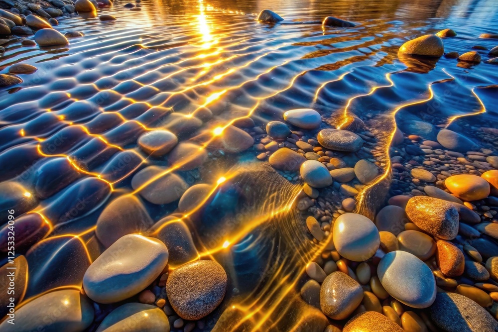Fototapeta premium Golden Sunlight Illuminates Smooth River Rocks Submerged in Crystal Clear Water at Sunset
