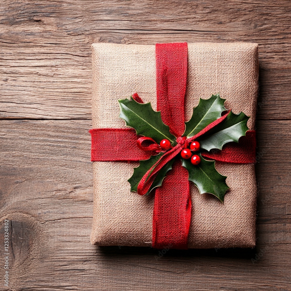 Rustic Christmas Gift Wrapped in Brown Paper with Red Ribbon and Holly Rustic Christmas Gift Wrapped in Brown Paper with Red Ribbon and Holly