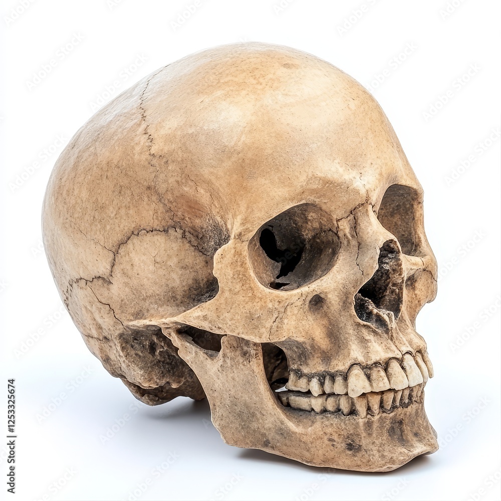Naklejka premium Highly realistic human skull model for anatomical education and research, isolated on white background, ideal for science, medical studies, and educational concepts.