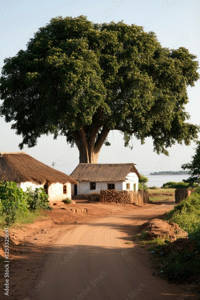 Rural African Village Homes with Large Tree