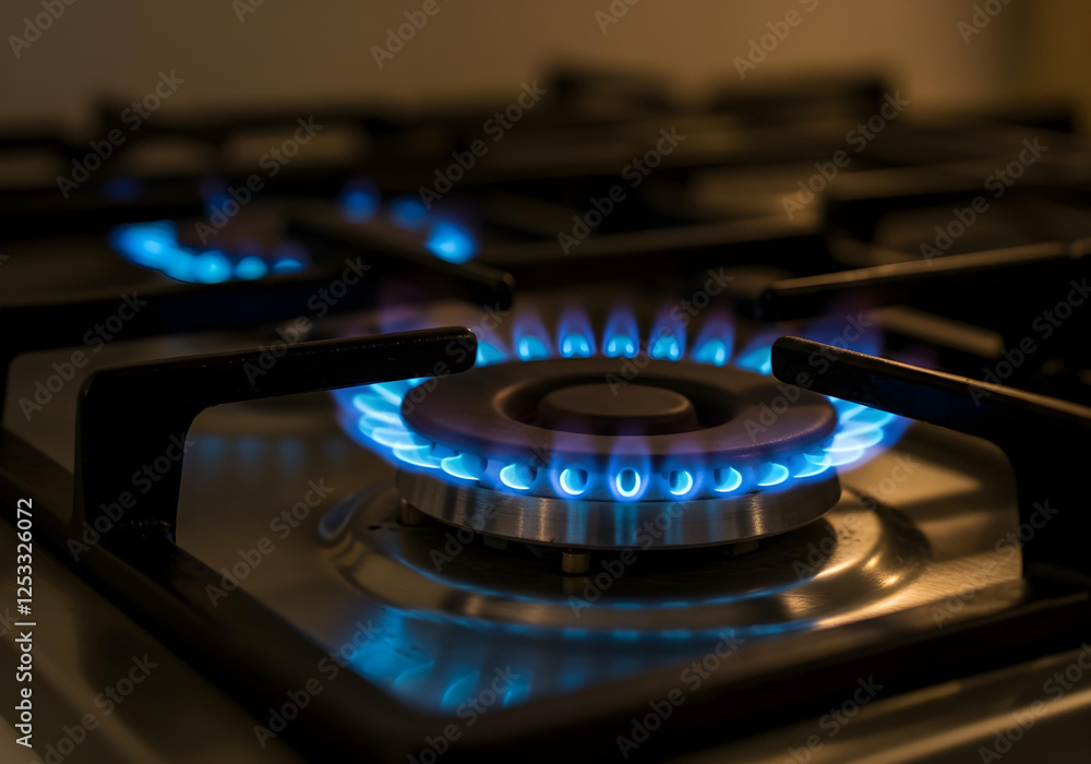 modern kitchen gas stove with evenly burning blue flames in focus
