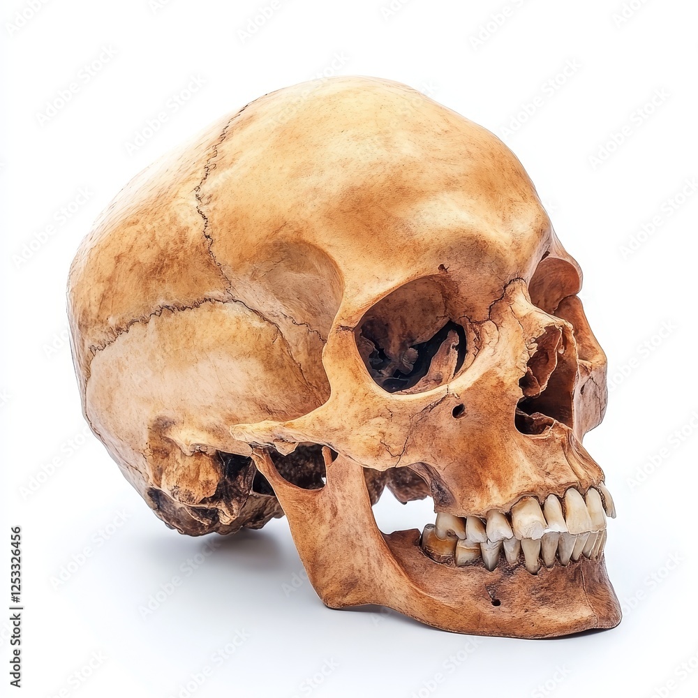 Highly realistic human skull model for anatomical education and research, isolated on white background, ideal for science, medical studies, and educational concepts. Highly realistic human skull model for anatomical education and research, isolated on white background, ideal for science, medical studies, and educational concepts.