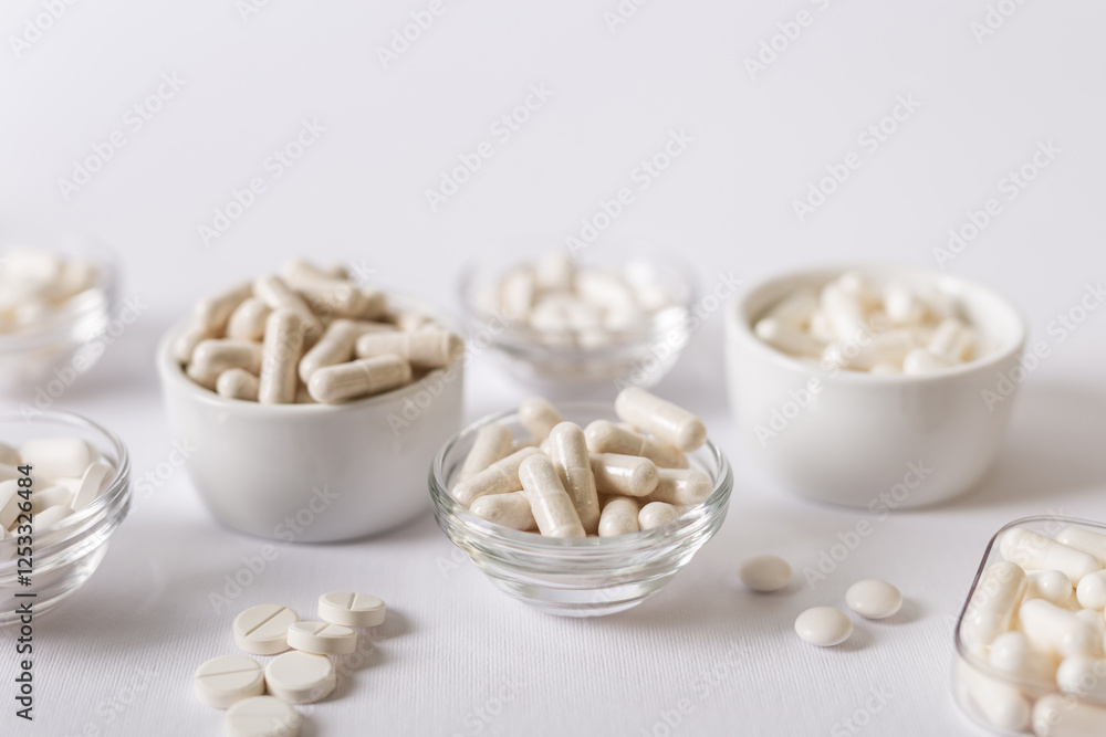 Vitamins, minerals and organic dietary supplements to support human`s health and immunity. Food supplements on a white background. Healthy lifestyle. Beautiful composition with bokeh Vitamins, minerals and organic dietary supplements to support human`s health and immunity. Food supplements on a white background. Healthy lifestyle. Beautiful composition with bokeh