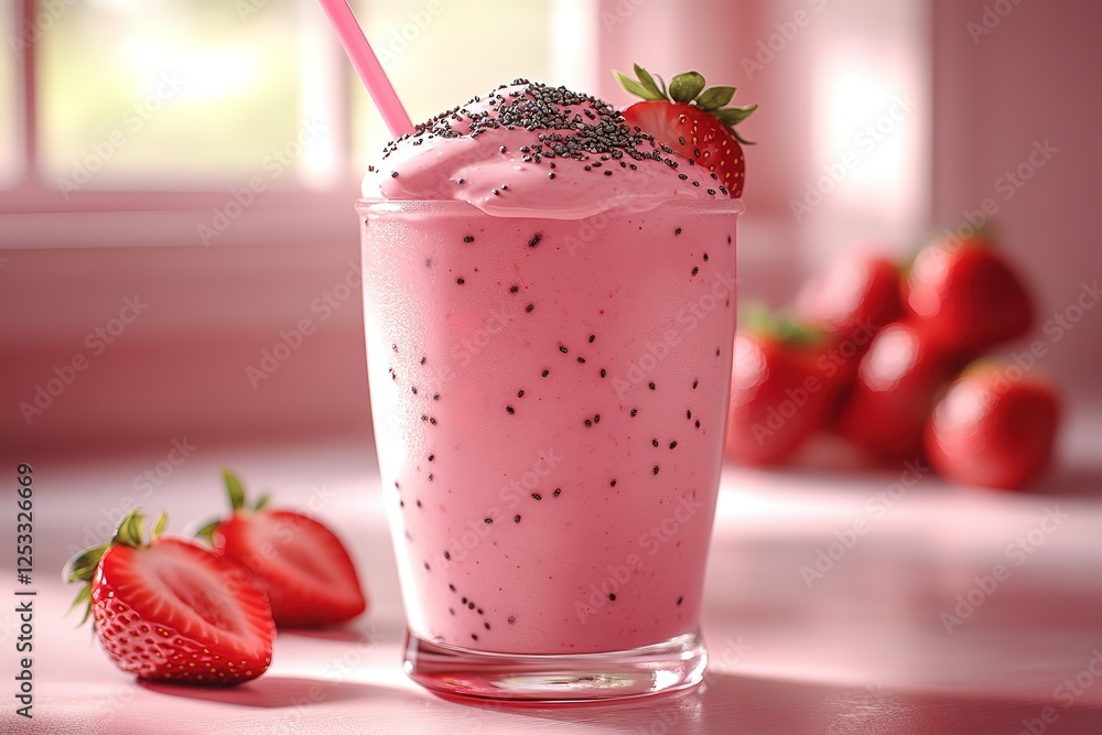 Strawberry smoothie with chia seeds and fresh strawberries Refreshing drink for a summer day Healthy beverage Strawberry smoothie with chia seeds and fresh strawberries Refreshing drink for a summer day Healthy beverage