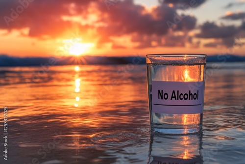No alcohol glass on beach at sunset with vibrant sky reflections