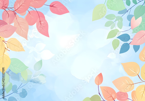 Autumn Leaves Framing a Light Blue Sky Background with Flat Cartoon Style