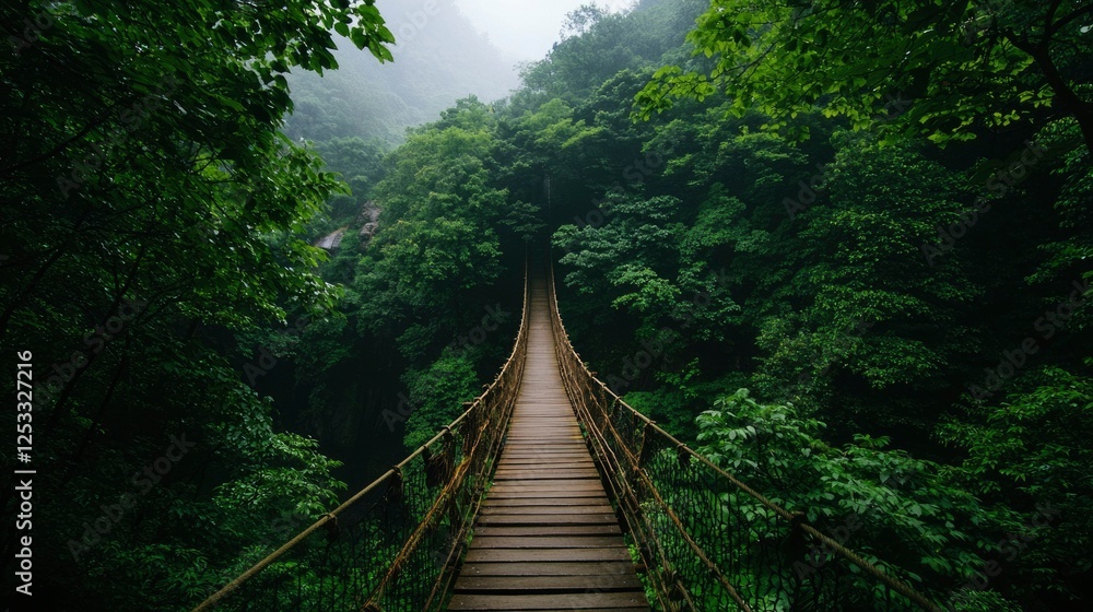 Fototapeta premium Misty forest suspension bridge, tranquil scene, adventurous trek, nature's beauty, peaceful escape