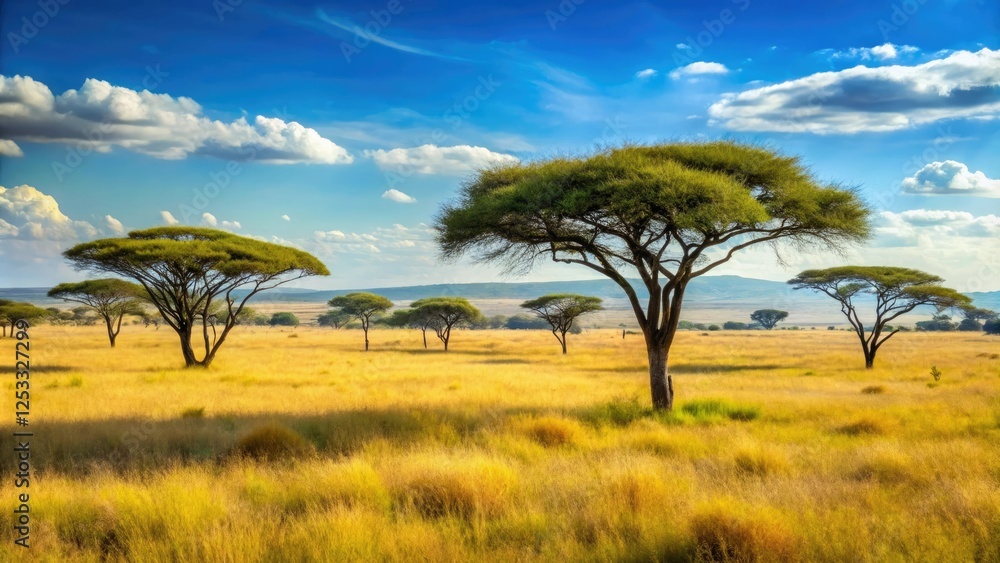 Open grasslands with scattered trees and acacia bushes in a sunny savanna landscape, savanna ecosystem, wildlife habitats Open grasslands with scattered trees and acacia bushes in a sunny savanna landscape, savanna ecosystem, wildlife habitats