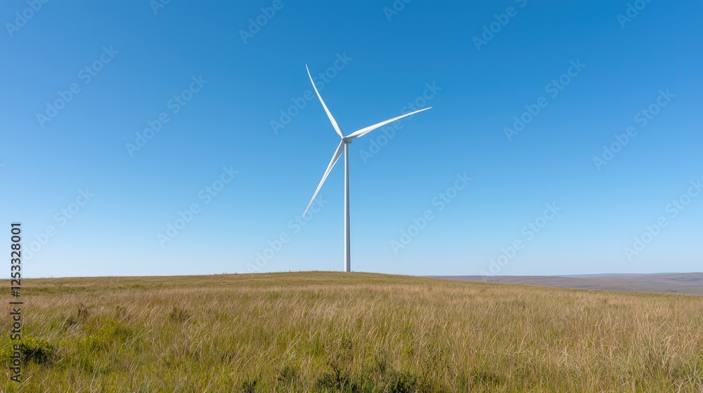 Wind turbine in grassy field, clear sky. Renewable energy Wind turbine in grassy field, clear sky. Renewable energy