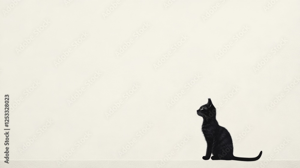 Fototapeta premium Black cat sitting, white background, minimalist design, pet website
