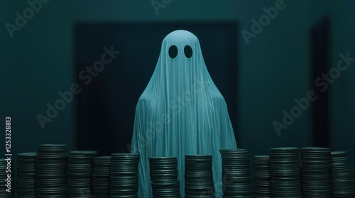 A ghostly figure stands among stacks of coins in a dimly lit room, creating an eerie contrast between the spectral presence and the wealth.
