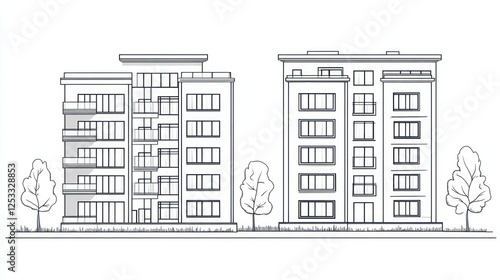 Modern Apartment Buildings Line Drawing