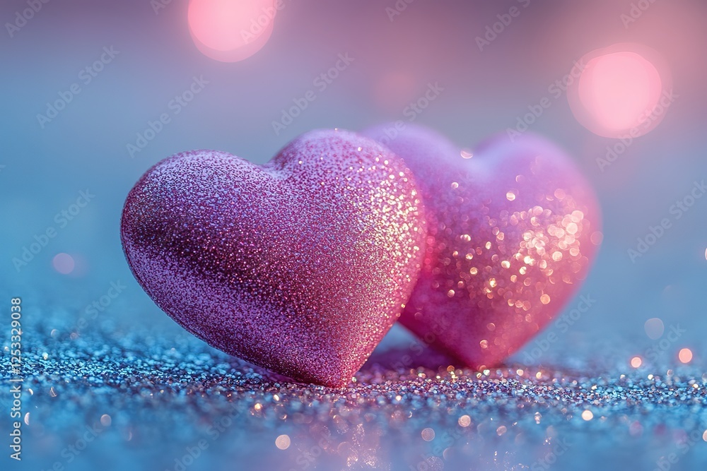 Fototapeta premium Sparkling Hearts: Two glittery pink hearts rest on a shimmering surface radiating affection and romance with a soft dreamy glow