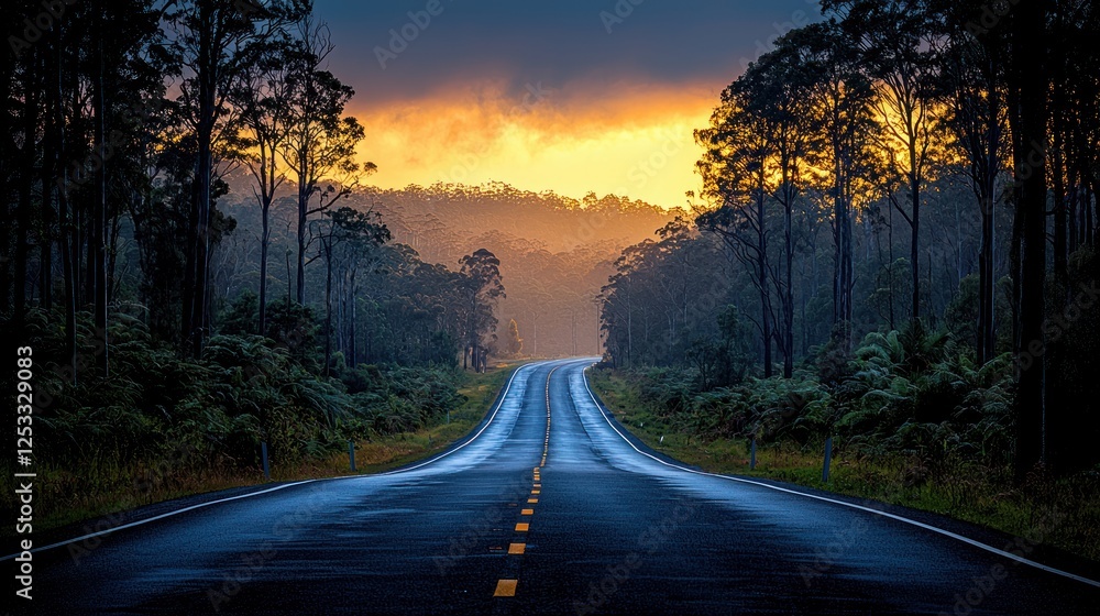 Fototapeta premium Scenic Road Through Lush Forest at Sunset