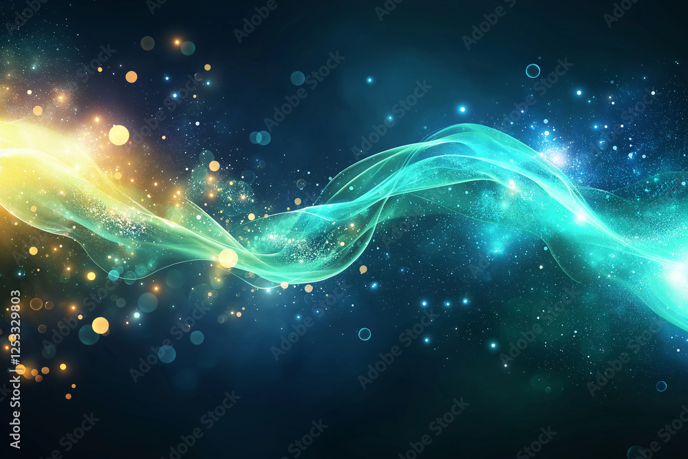 Glowing waves of blue and green create mesmerizing abstract background filled with sparkling lights and vibrant colors, evoking sense of wonder and tranquility Glowing waves of blue and green create mesmerizing abstract background filled with sparkling lights and vibrant colors, evoking sense of wonder and tranquility
