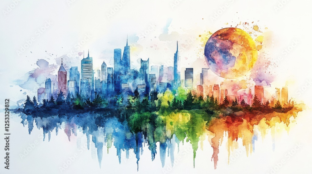 Obraz premium A vibrant watercolor cityscape featuring skyscrapers under a colorful sky with a large sun, reflecting a serene blend of nature and urban life.