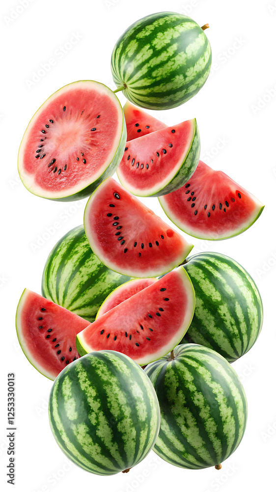 Falling watermelons with slices in mid-air - A dynamic image of whole watermelons and watermelon slices floating in mid-air, displaying their vibrant green rind and red interior.
Falling watermelons with slices in mid-air - A dynamic image of whole watermelons and watermelon slices floating in mid-air, displaying their vibrant green rind and red interior.