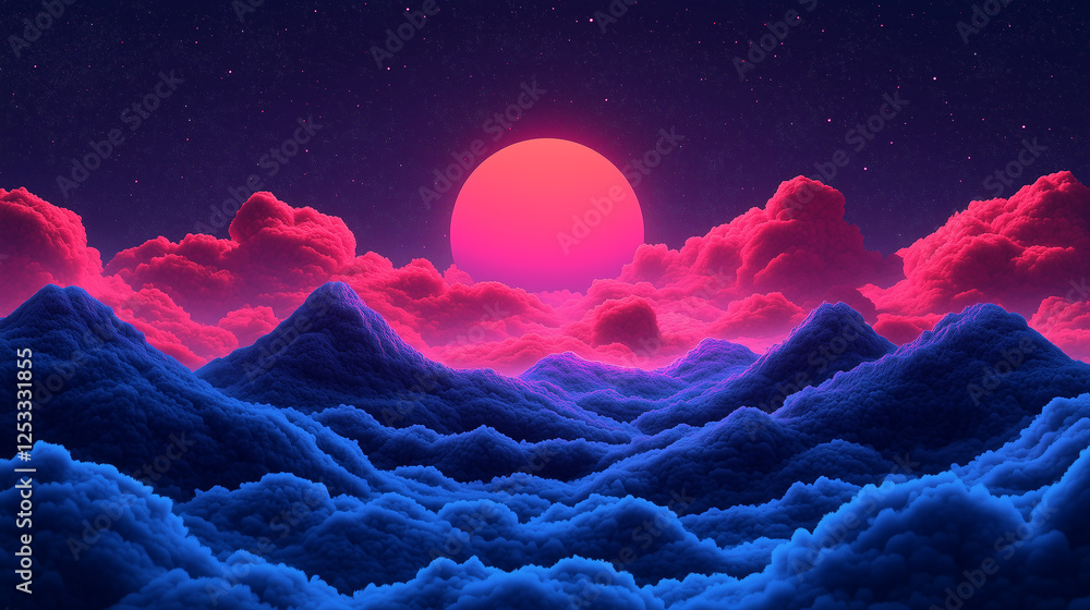 Fototapeta premium Surreal Dreamlike Landscape with Neon Clouds and a Glowing Pink Sun 