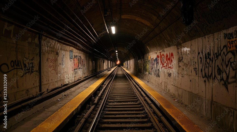 Dark Subway Tunnel Graffiti, Night, Empty Tracks, Urban Setting, Possible Stock Photo Dark Subway Tunnel Graffiti, Night, Empty Tracks, Urban Setting, Possible Stock Photo