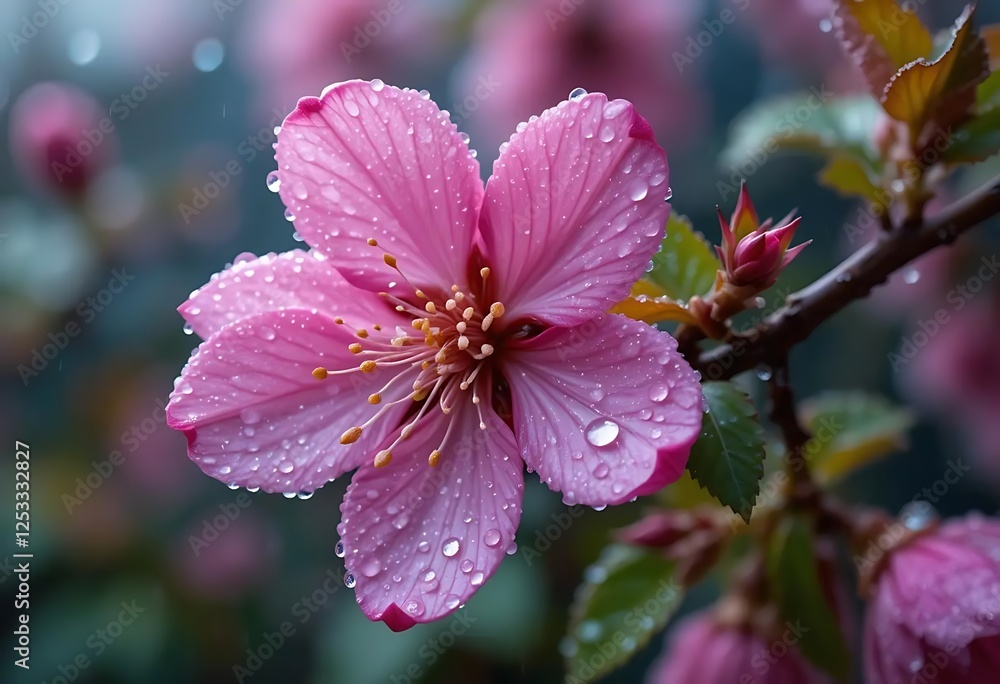 Cherry blossom with water droplets on petals, showcasing delicate beauty and freshness, symbolizing spring and renewal. Cherry blossom with water droplets on petals, showcasing delicate beauty and freshness, symbolizing spring and renewal.