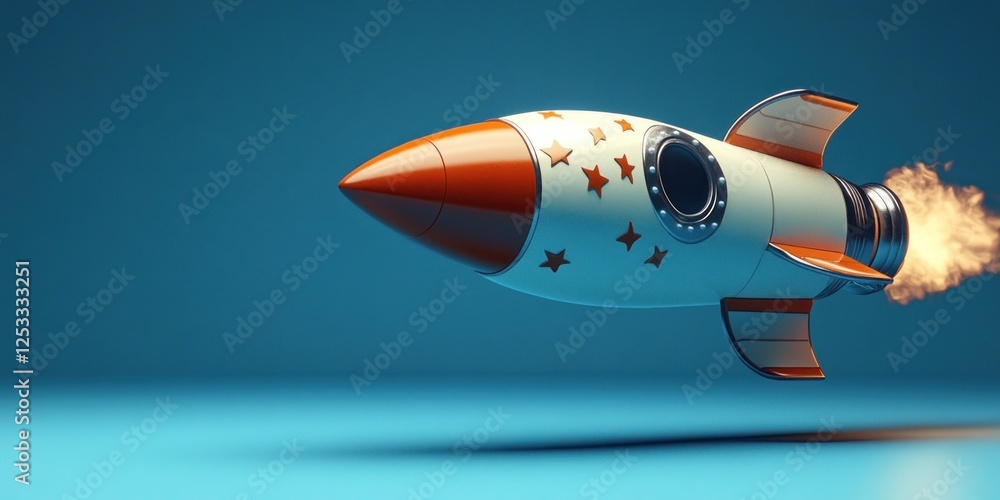 Fototapeta premium Retro Rocket Launching into the Azure Sky: A Whimsical 3D Render of Space Exploration