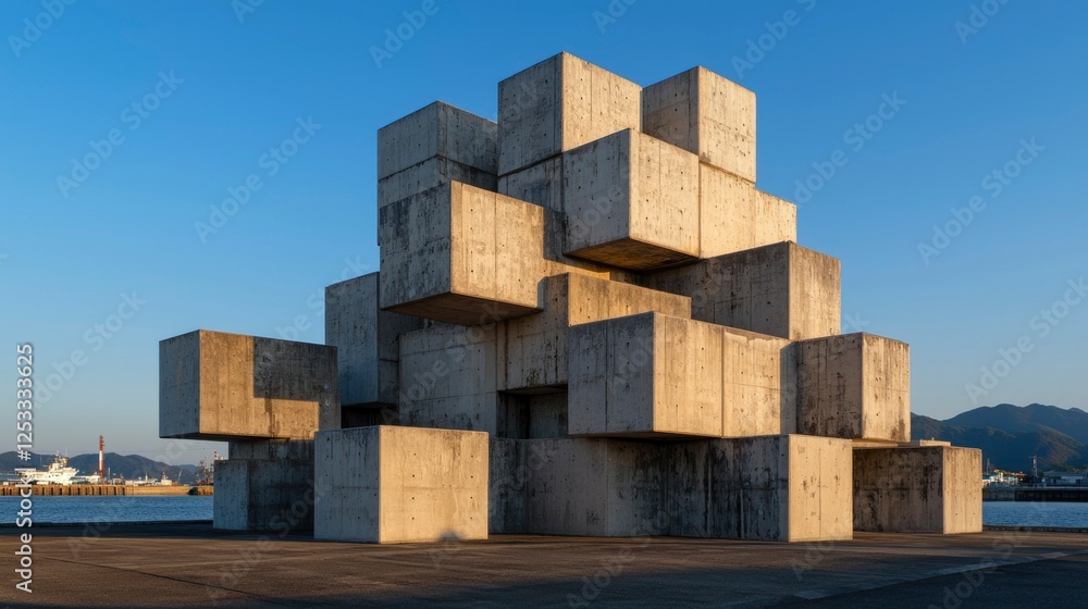 Modern concrete blocks sculpture by the water Modern concrete blocks sculpture by the water