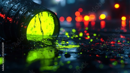 Leaking Barrel, Neon Liquid, Night City. Possible use Digital art, Sci-Fi concept, abstract background photo