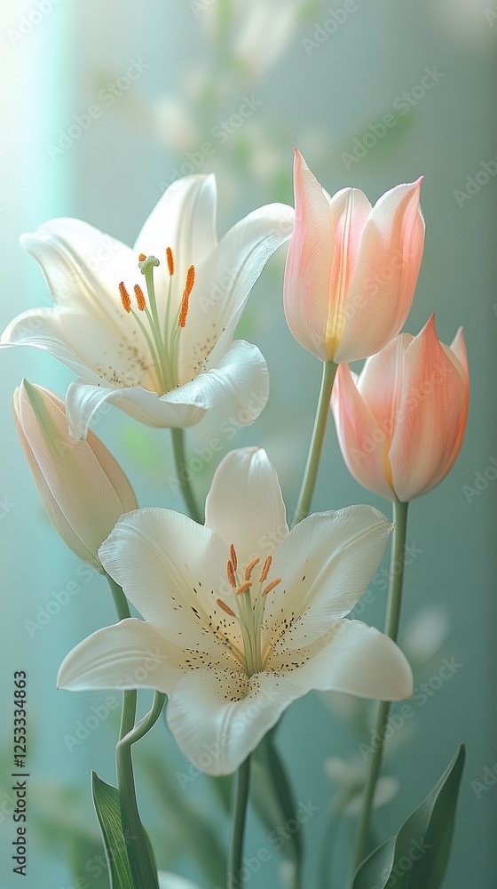 Fototapeta premium Soft pastel bouquet of white lilies and pink tulips in dreamy light