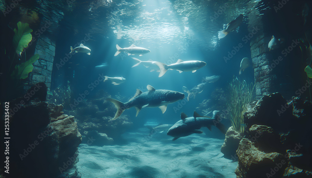 Naklejka premium Enchanting underwater scene with diverse fish species swimming in a serene aquarium environment, sunlit, mysterious, and captivating.