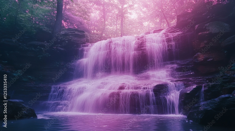Serene Waterfall Cascading Through Purple Forest Serene Waterfall Cascading Through Purple Forest