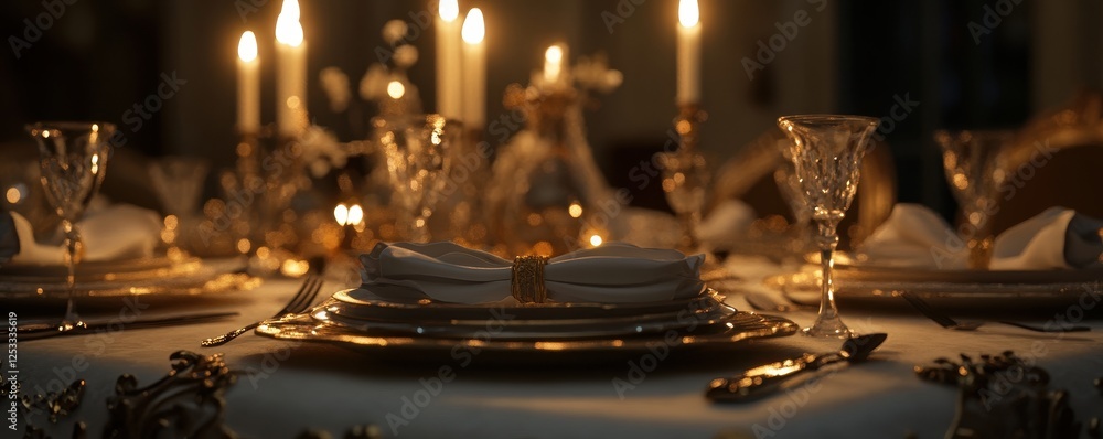 Elegant candlelit dinner setting with crystal glassware and fine tableware Elegant candlelit dinner setting with crystal glassware and fine tableware