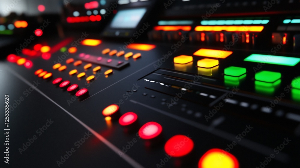Close up view of a sleek modern control panel with colorful buttons and lights Close up view of a sleek modern control panel with colorful buttons and lights
