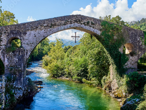 Bridge over the Sella River, Known as the Roman Bridge of Cangas de Onís, the “Puente Vieyu” or Puentón. Cangas de Onís, Asturias, Spain, Europe photo