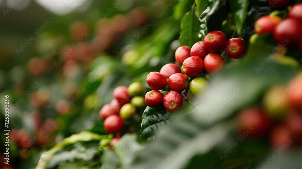 Coffee beans on branch, outdoors. Close-up. Possible use for coffee farm or agricultural publications. Coffee beans on branch, outdoors. Close-up. Possible use for coffee farm or agricultural publications.