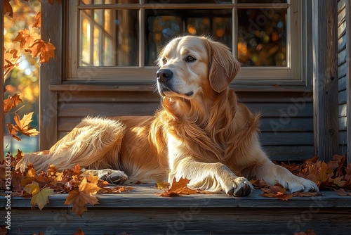 Golden Retriever Resting Amidst Autumn Leaves photo