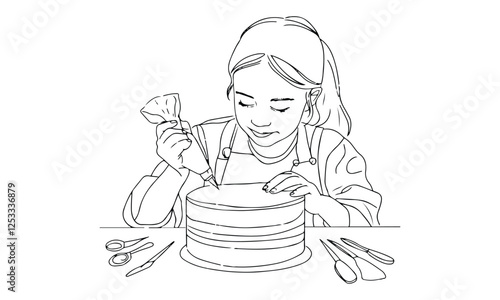 Woman making cake vector, Woman decorationg cake sketch drawing, Cartoon doodle of girl baking cake.
